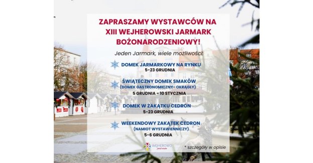 Wystawcy mogą zgłaszać się do udziału w XIII Wejherowskim Jarmarku Bożonarodzeniowym w Wejherowie. Do wyboru są trzy płatne stoiska działające od 5 grudnia oraz bezpłatny namiot dostępny w pierwszy weekend wydarzenia.